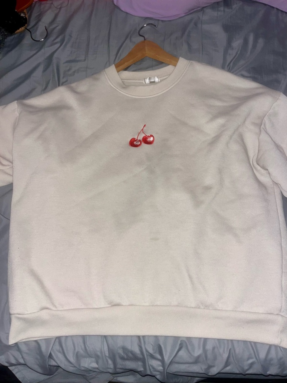 Cream Sweatshirt with Red Cherry Embroidery